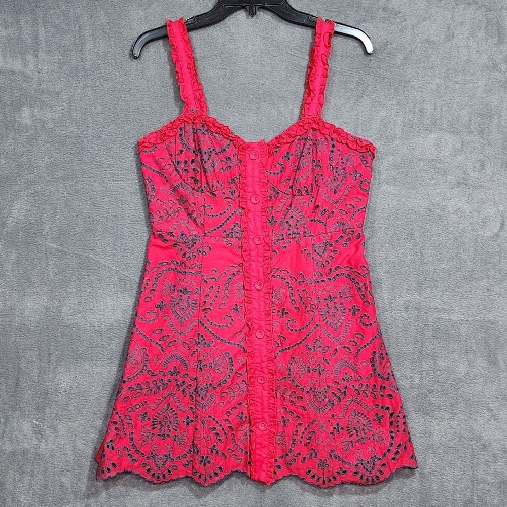 Forever 21 Red Blue Eyelet Embroidered‎ Sleeveless Button Up Dress Medium